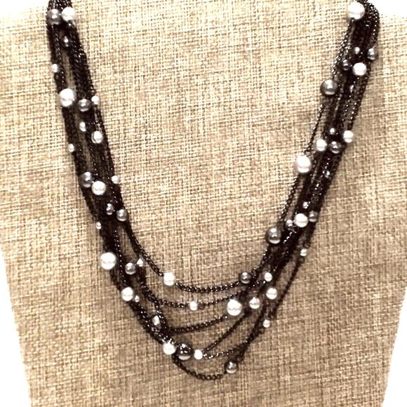 RMN Gunmetal Multi Strand Faux Pearl Station Necklace Signed - Picture 2 of 5